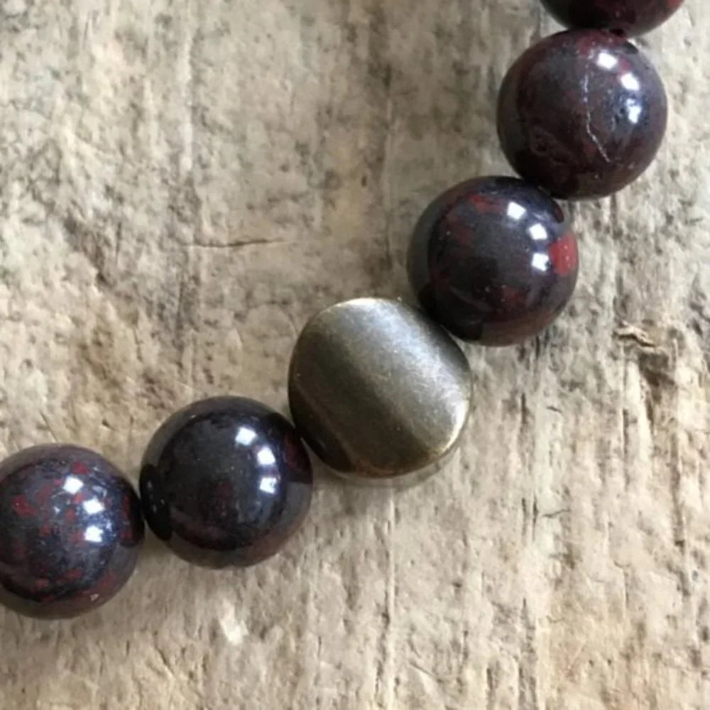 Men's Burgundy Jasper Gemstone Bracelet Brass Accent Bead - 10mm Beads